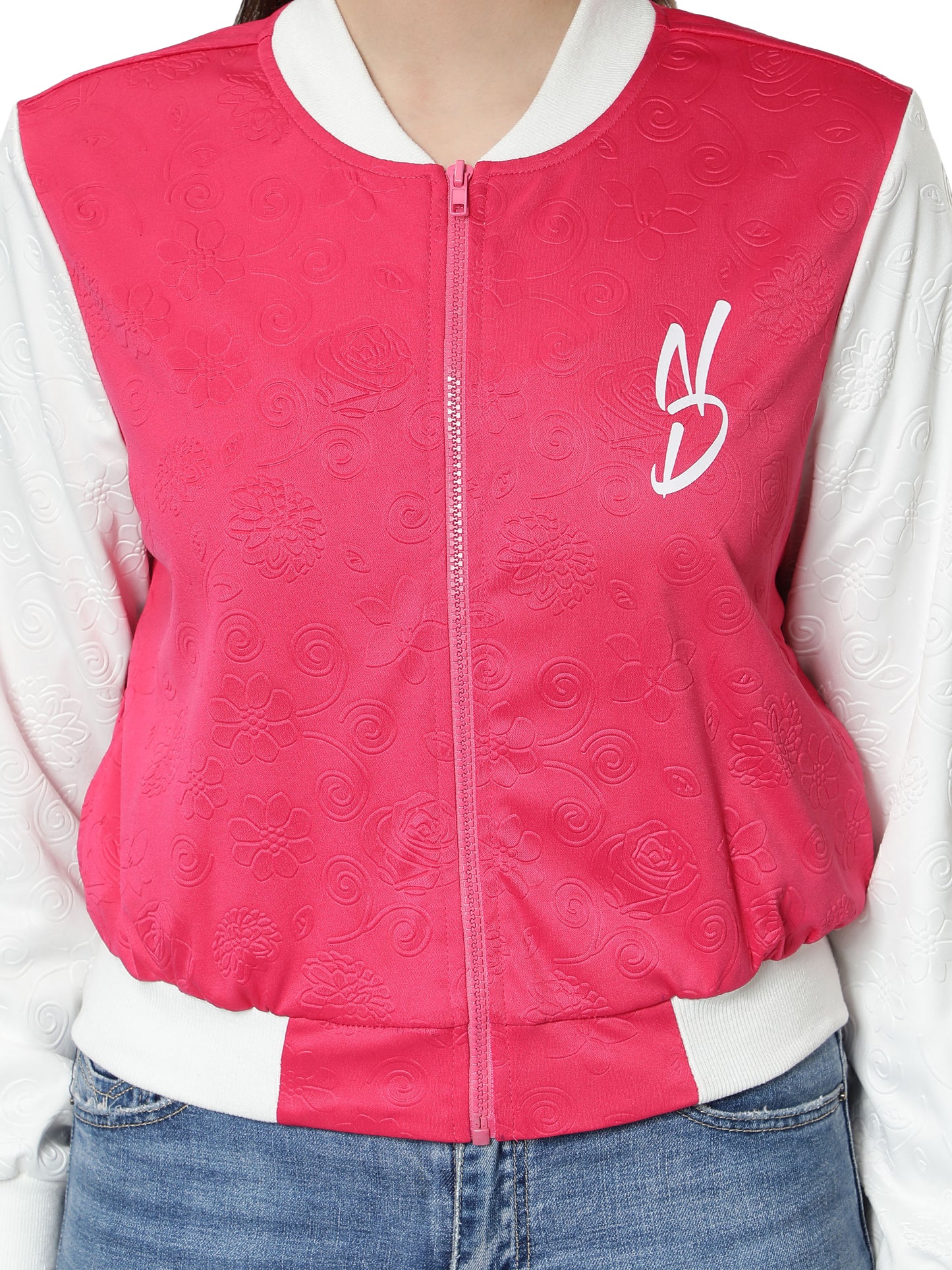 NUEVOSDAMAS Women Pink Floral Embossed Printed Varsity Jacket