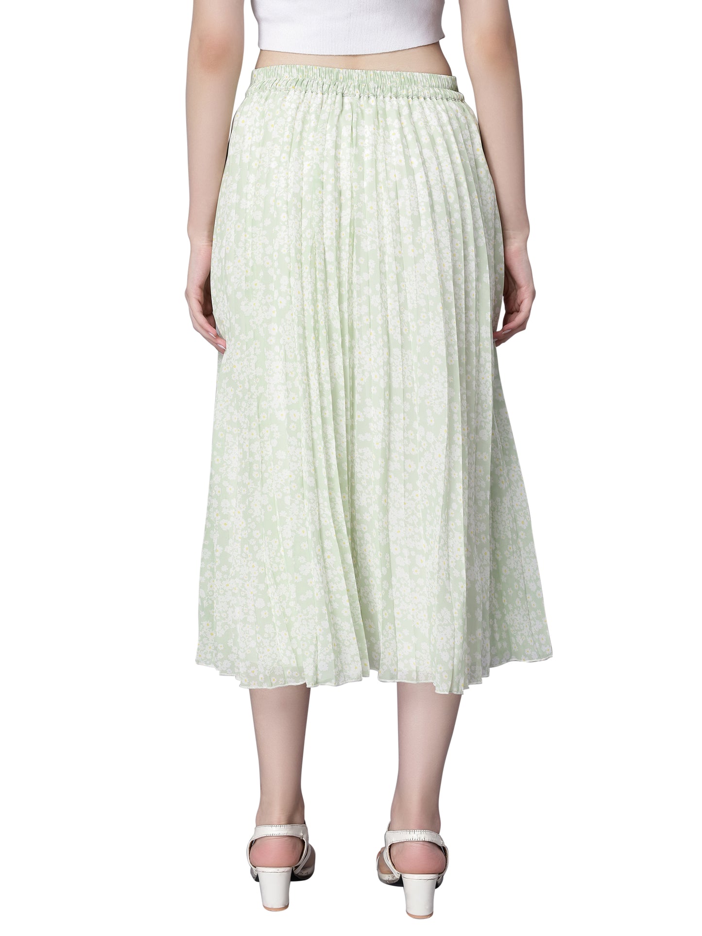 Women's Ditsy Floral Print High Waist Skirt Pleated A-line Long Skirt Beach Elasticated Mint Green Midi Skirt