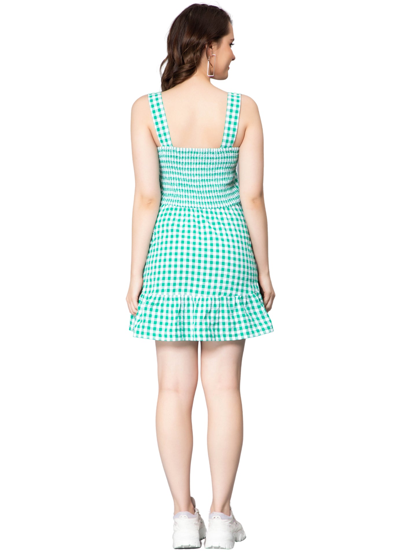 NUEVOSDAMAS Women Cotton Check Sleeveless Smocked Green Midi Dress