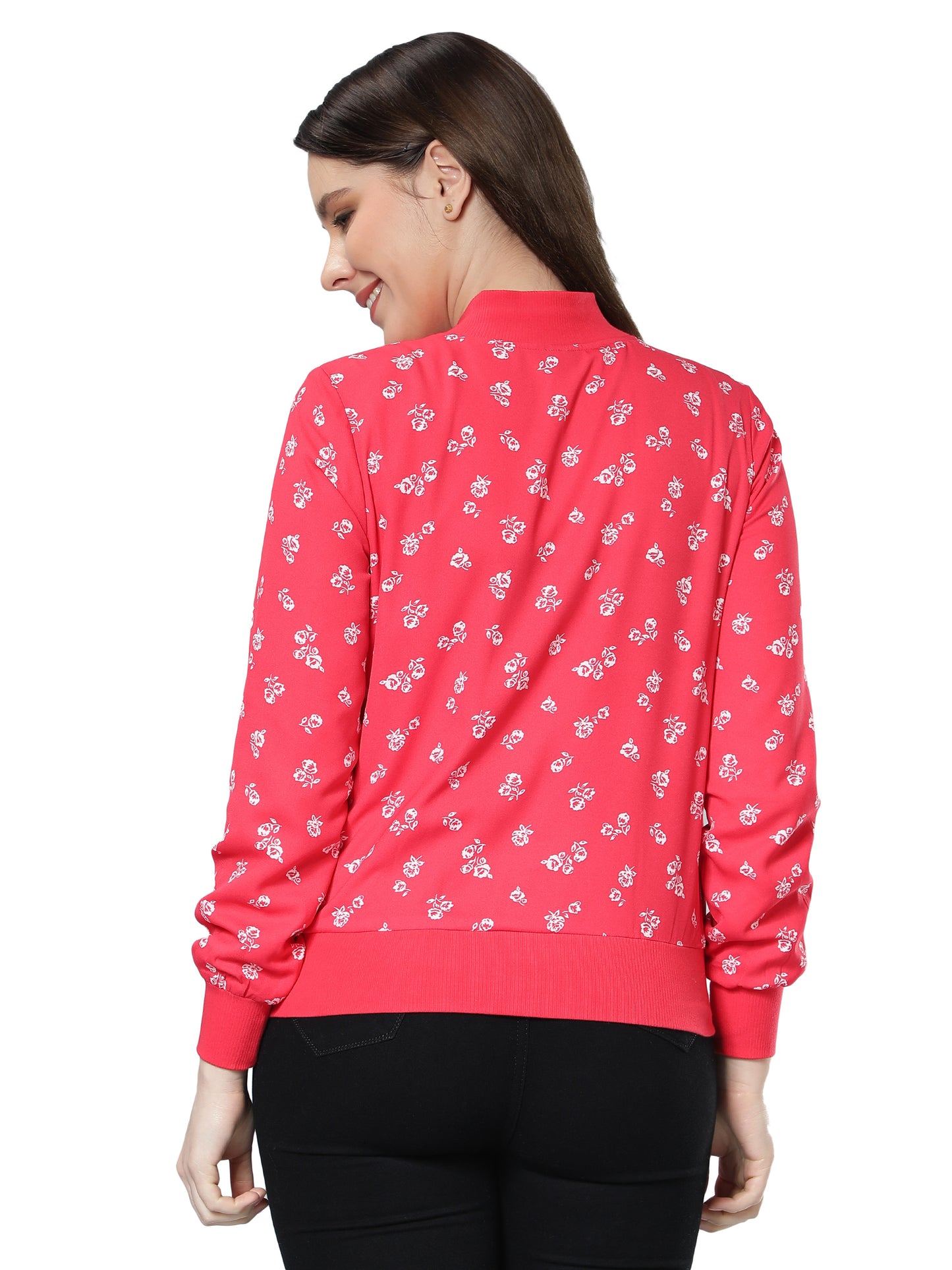 NUEVOSDAMAS Women Floral Printed Red Bomber Jacket