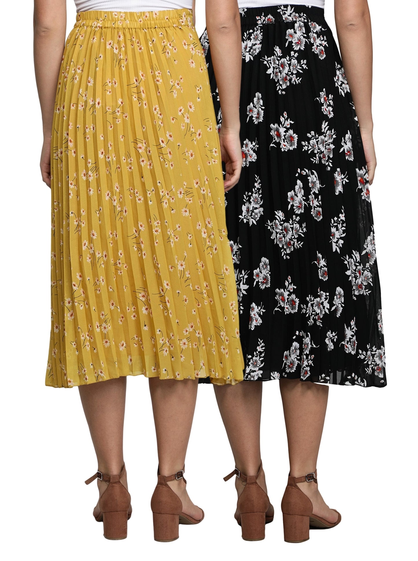 NUEVOSDAMAS Women Georgette Floral Printed Skirts - Pack of Two - Yellow and Black
