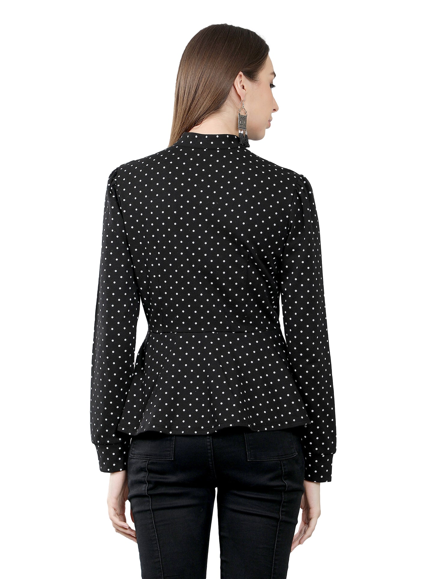 NUEVOSDAMAS Women Polka Dot Printed Peplum Jacket-Black