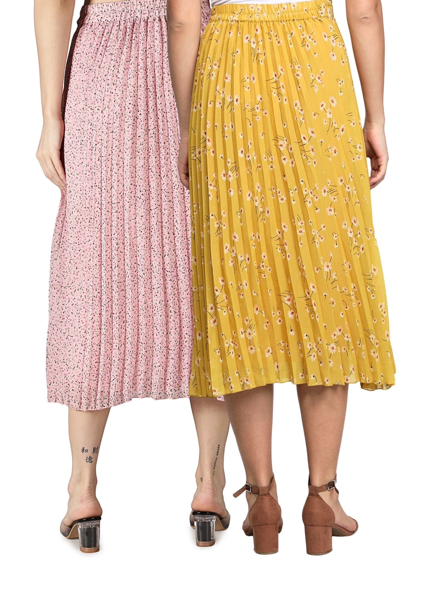 NUEVOSDAMAS Women Georgette Floral Printed Skirts-Pack of Two-Pink and Yellow