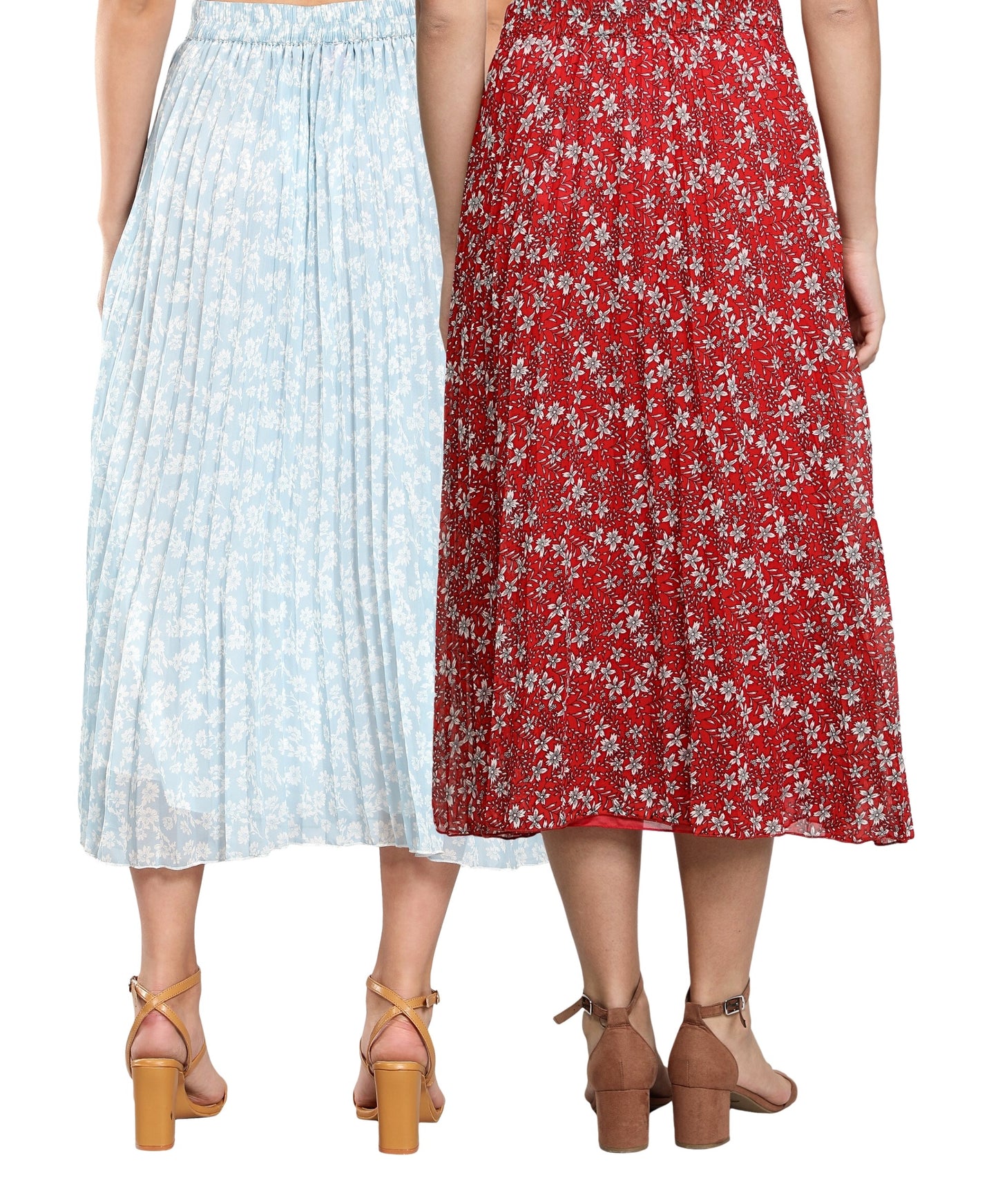 Women Georgette Floral Printed Skirts-Pack of Two-Red and Sky Blue