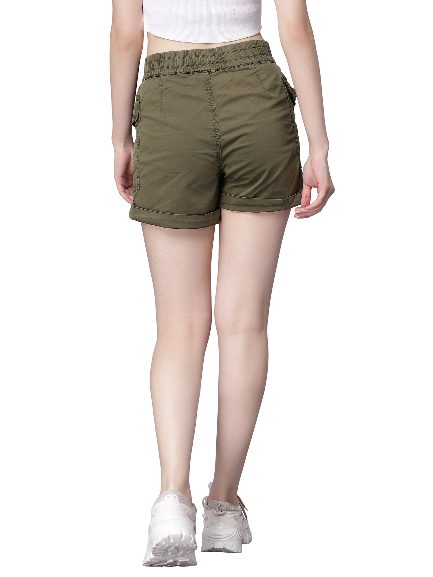 NUEVOSDAMAS Women Pure Cotton Cargo Yoga Shorts - Olive Green