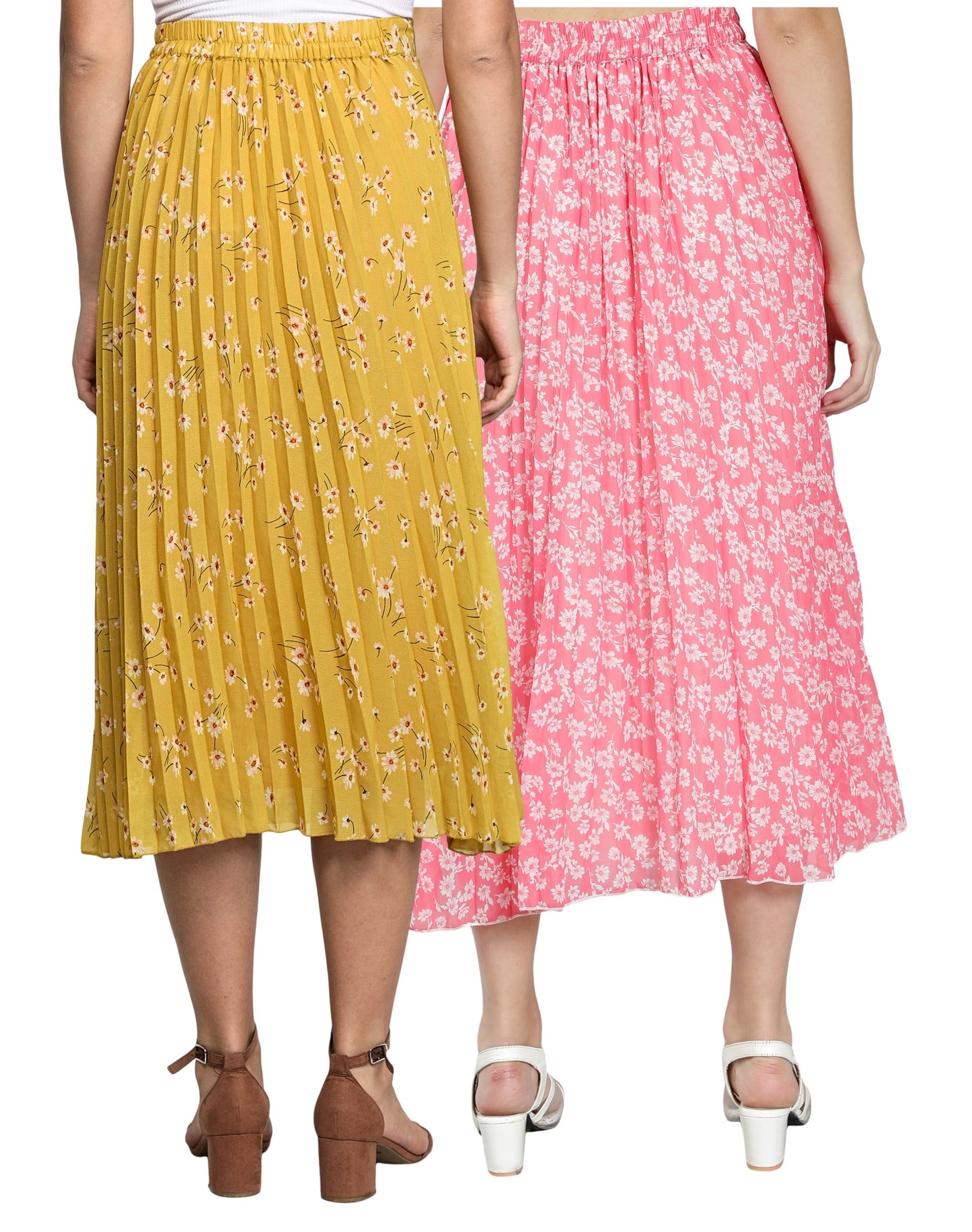 NUEVOSDAMAS Women Georgette Floral Printed Skirts-Pack of Two-Pink and Yellow