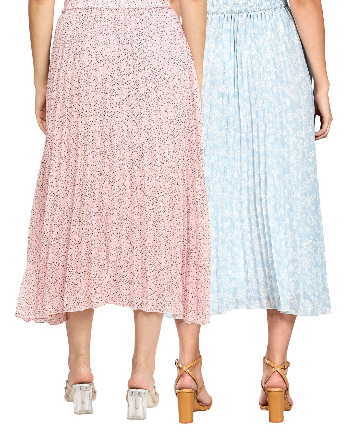 Women Georgette Floral Printed Skirts-Pack of Two-Pink and Sky Blue