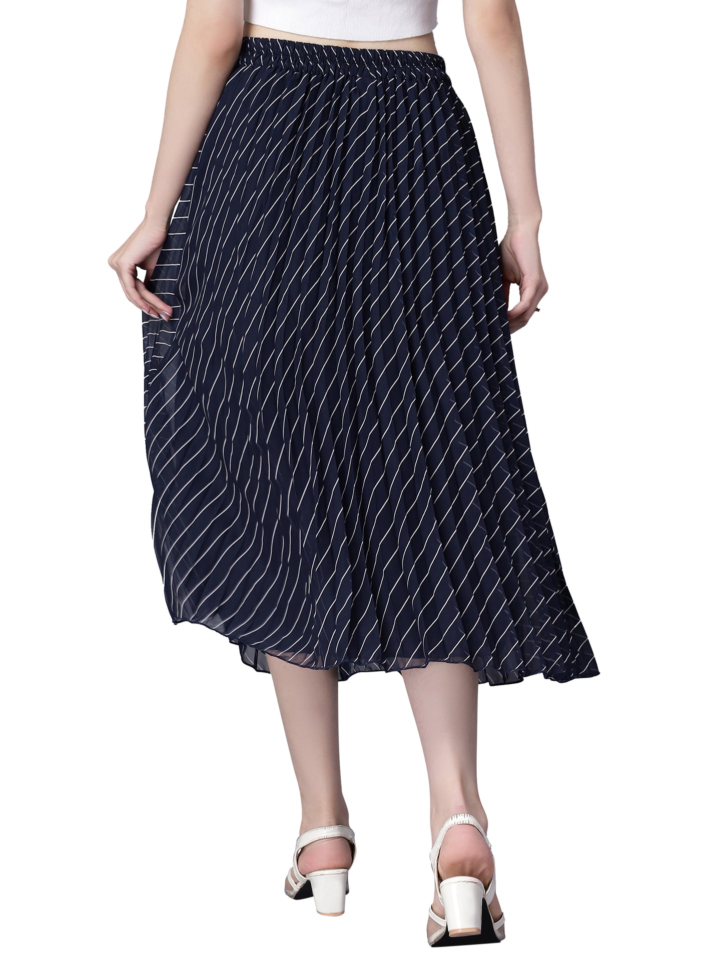 Women's Stripe Print High Waist Skirt Pleated A-line Long Skirt Beach Elasticated Navy Blue Midi Skirt