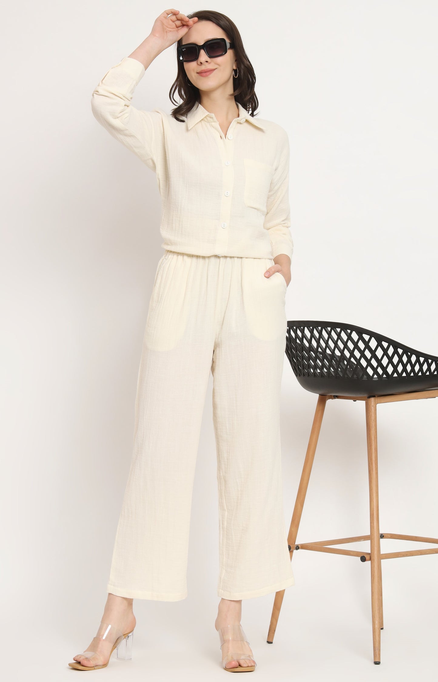 NUEVOSDAMAS Women Pure Cotton Muslin Solid Beige Shirt & Trousers Co-ord Set