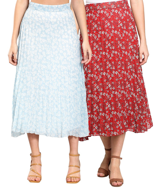 Women Georgette Floral Printed Skirts-Pack of Two-Red and Sky Blue