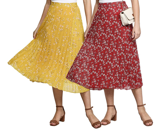 NUEVOSDAMAS Women Georgette Floral Printed Skirts-Pack of Two-Red and Yellow