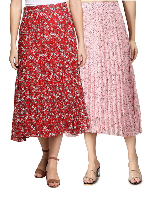 NUEVOSDAMAS Women Georgette Floral Printed Skirts-Pack of Two-Pink and Red