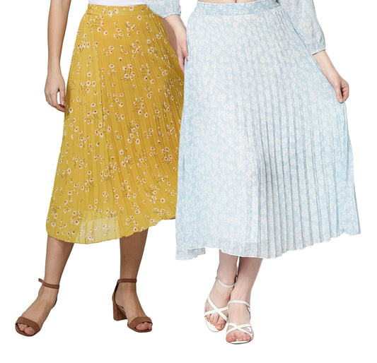 Women Georgette Floral Printed Skirts-Pack of Two-Yellow and Sky Blue