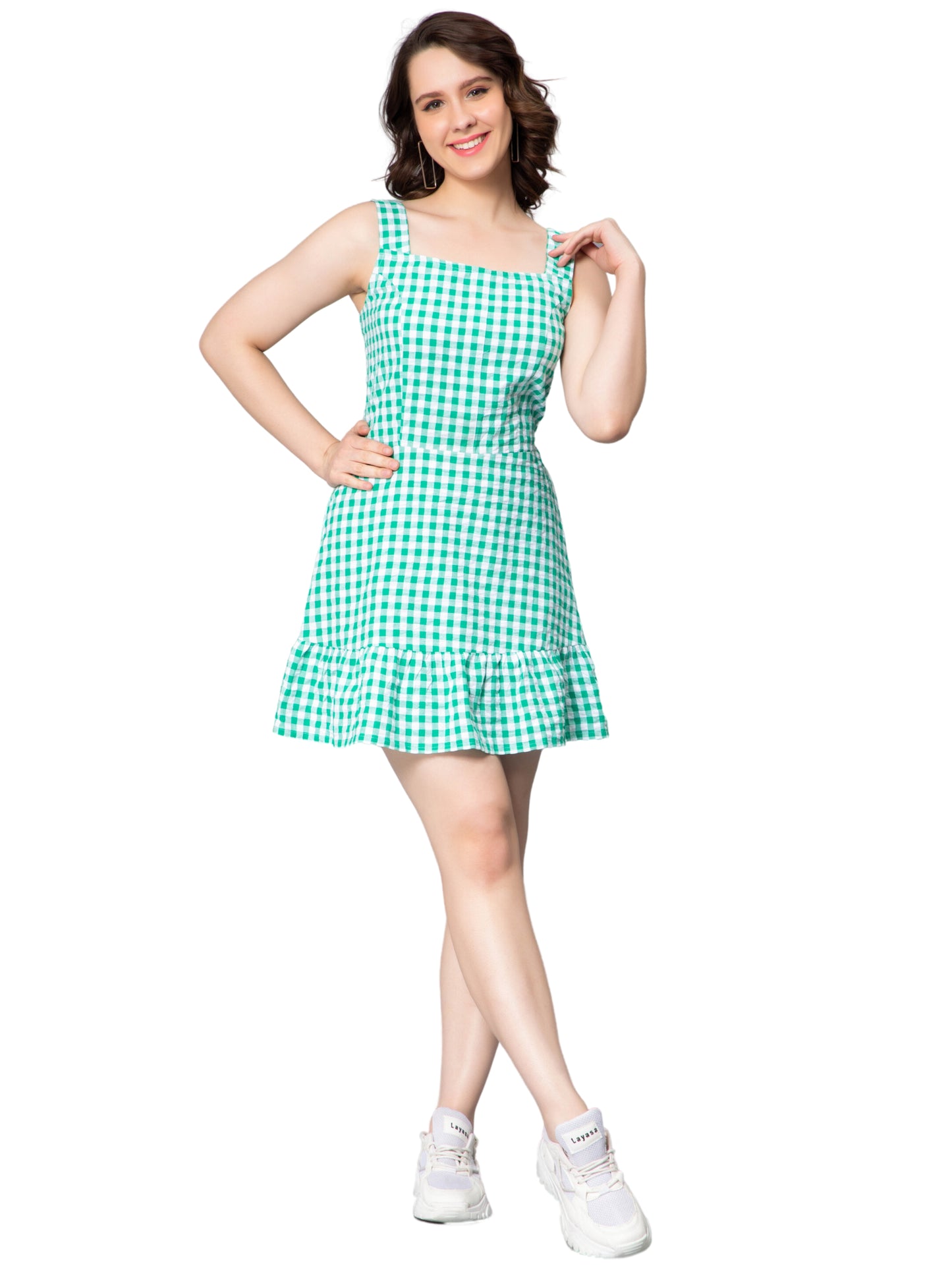 NUEVOSDAMAS Women Cotton Check Sleeveless Smocked Green Midi Dress