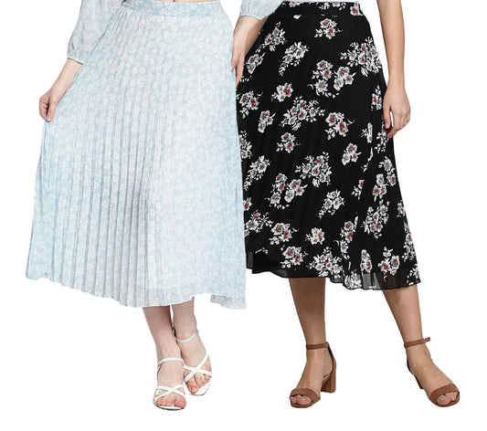 Women Georgette Floral Printed Skirts - Pack of Two - Black and Sky Blue