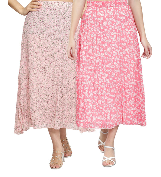 Women Georgette Floral Printed Skirts-Pack of Two-Pink and Baby Pink