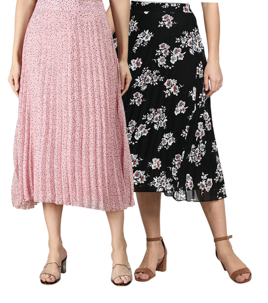 NUEVOSDAMAS Women Georgette Floral Printed Skirts-Pack of Two-Pink and Black