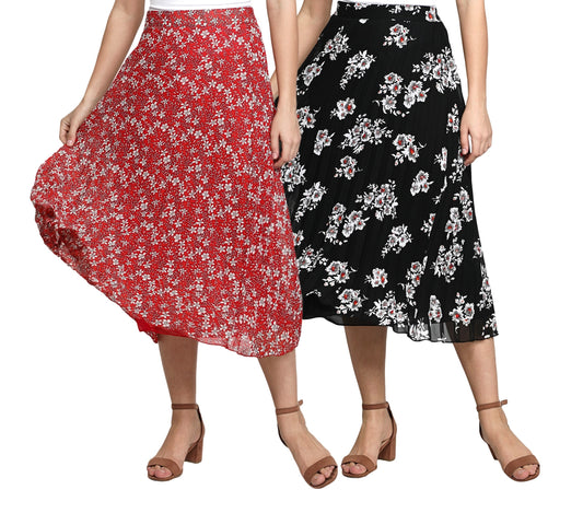 NUEVOSDAMAS Women Georgette Floral Printed Skirts-Pack of Two-Red and Black