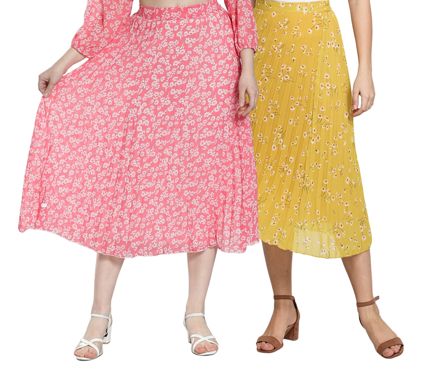 NUEVOSDAMAS Women Georgette Floral Printed Skirts-Pack of Two-Pink and Yellow