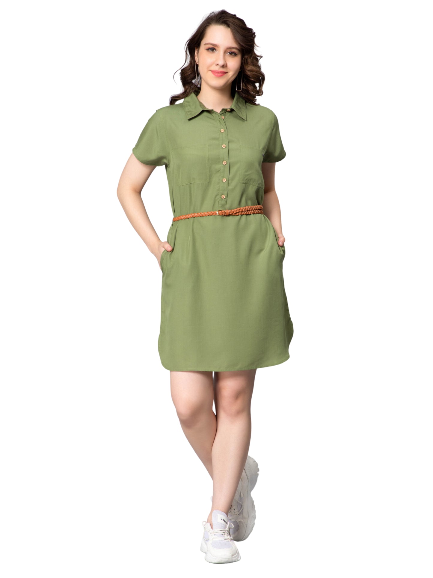 NUEVOSDAMAS Women Denim Long Shirt Style Midi Dress Green