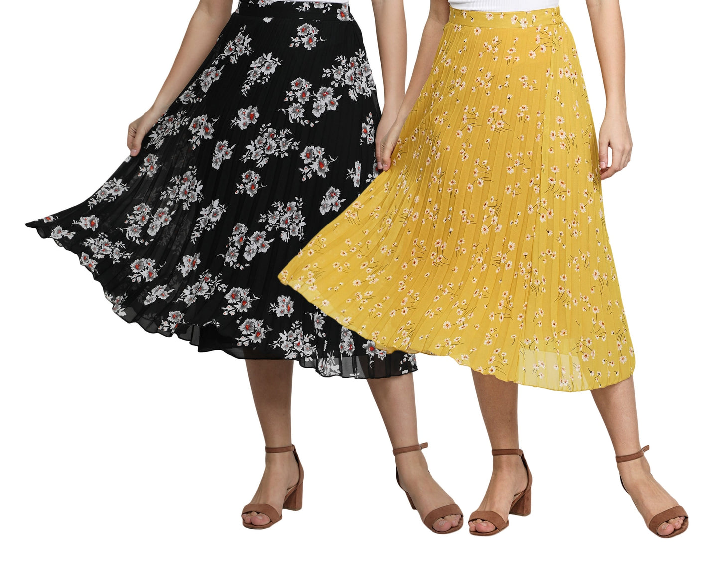 NUEVOSDAMAS Women Georgette Floral Printed Skirts - Pack of Two - Yellow and Black