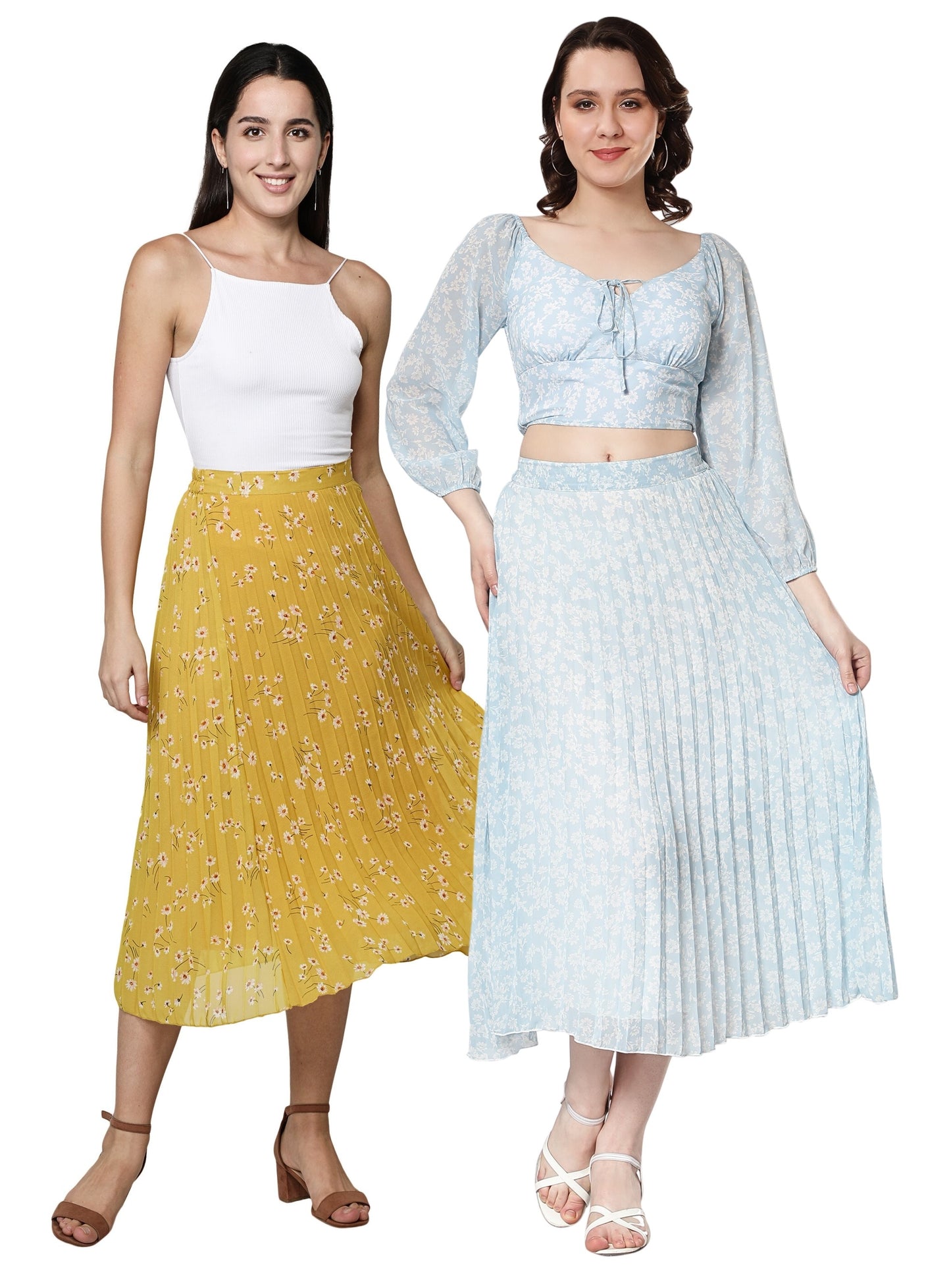 Women Georgette Floral Printed Skirts-Pack of Two-Yellow and Sky Blue