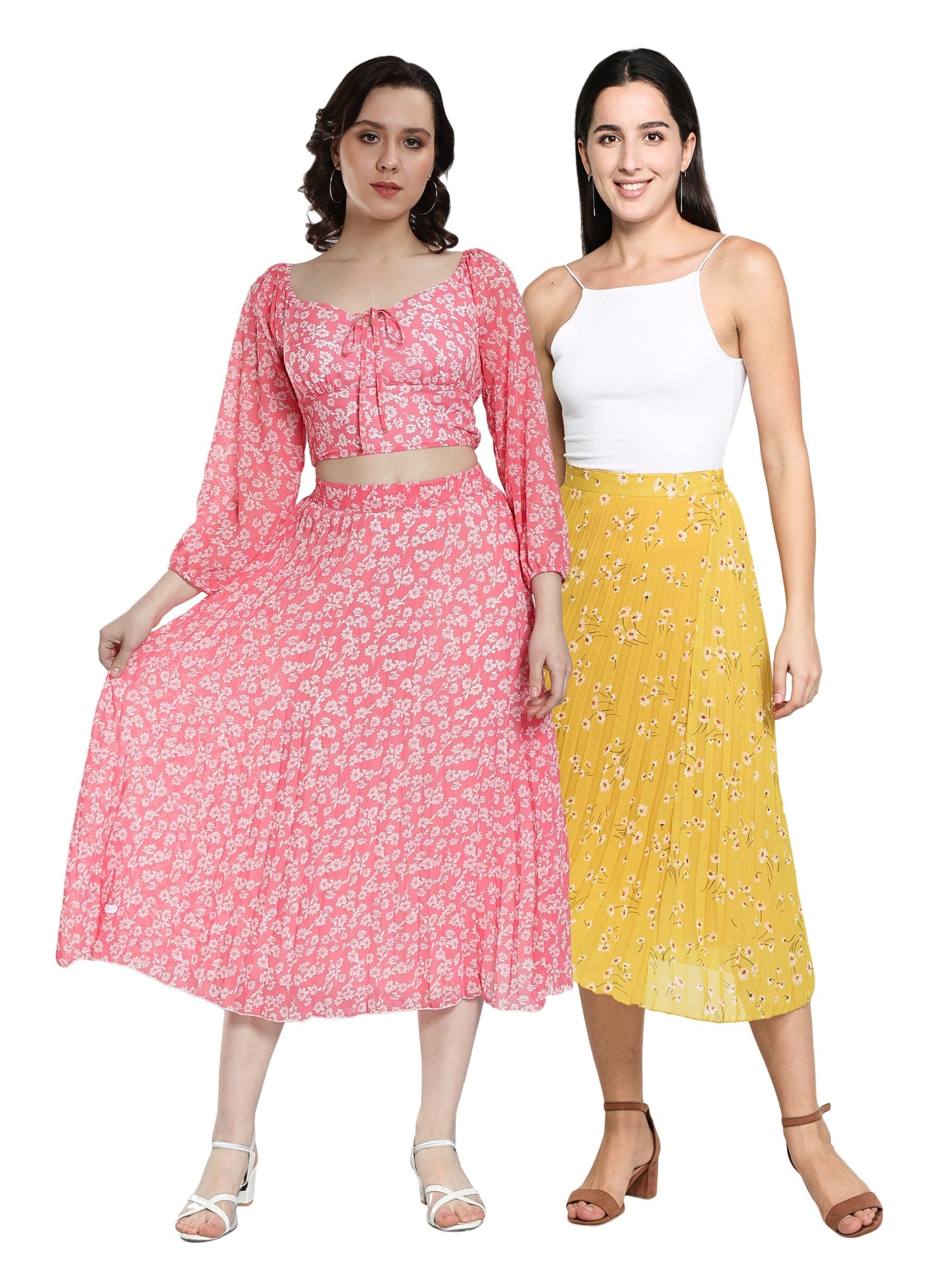 NUEVOSDAMAS Women Georgette Floral Printed Skirts-Pack of Two-Pink and Yellow