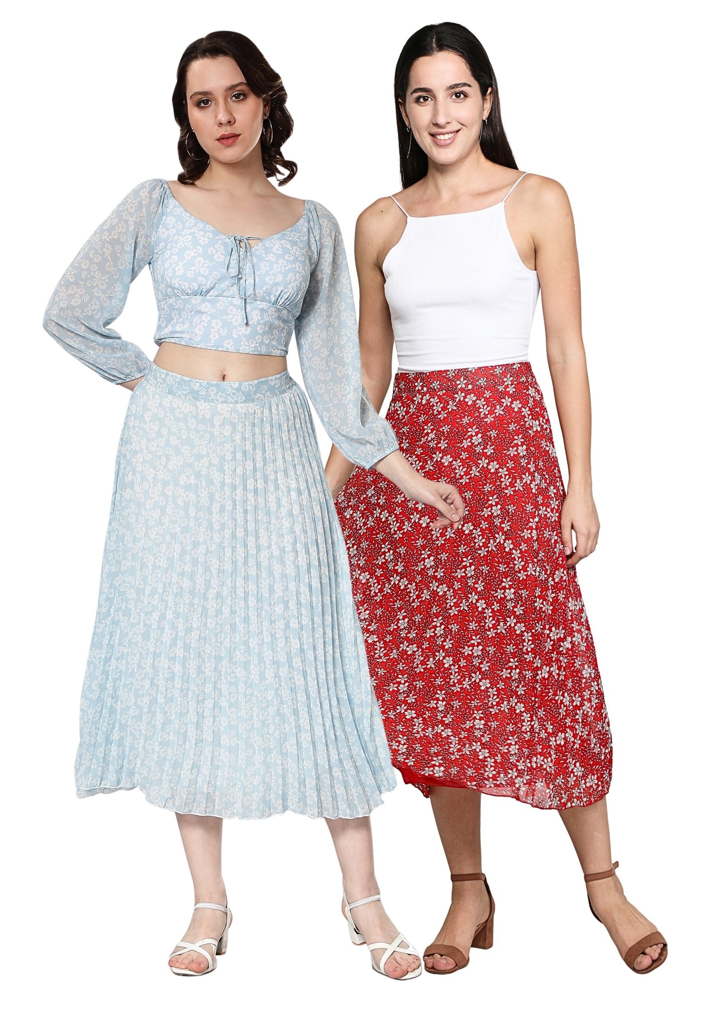 Women Georgette Floral Printed Skirts-Pack of Two-Red and Sky Blue