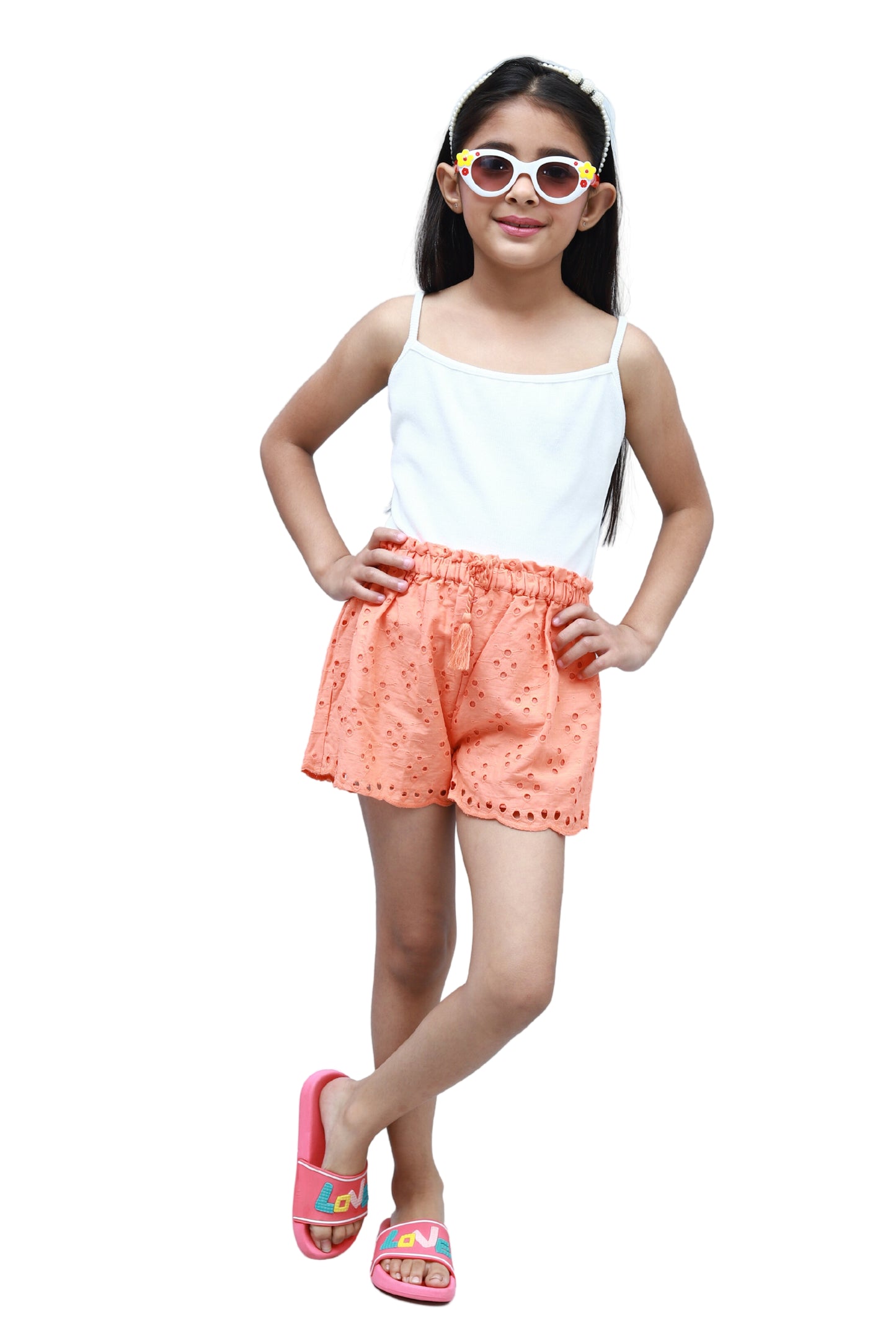 NUEVOSKIDDOS Girls' Orange Cotton Solid Shorts with Waist Braided Knot