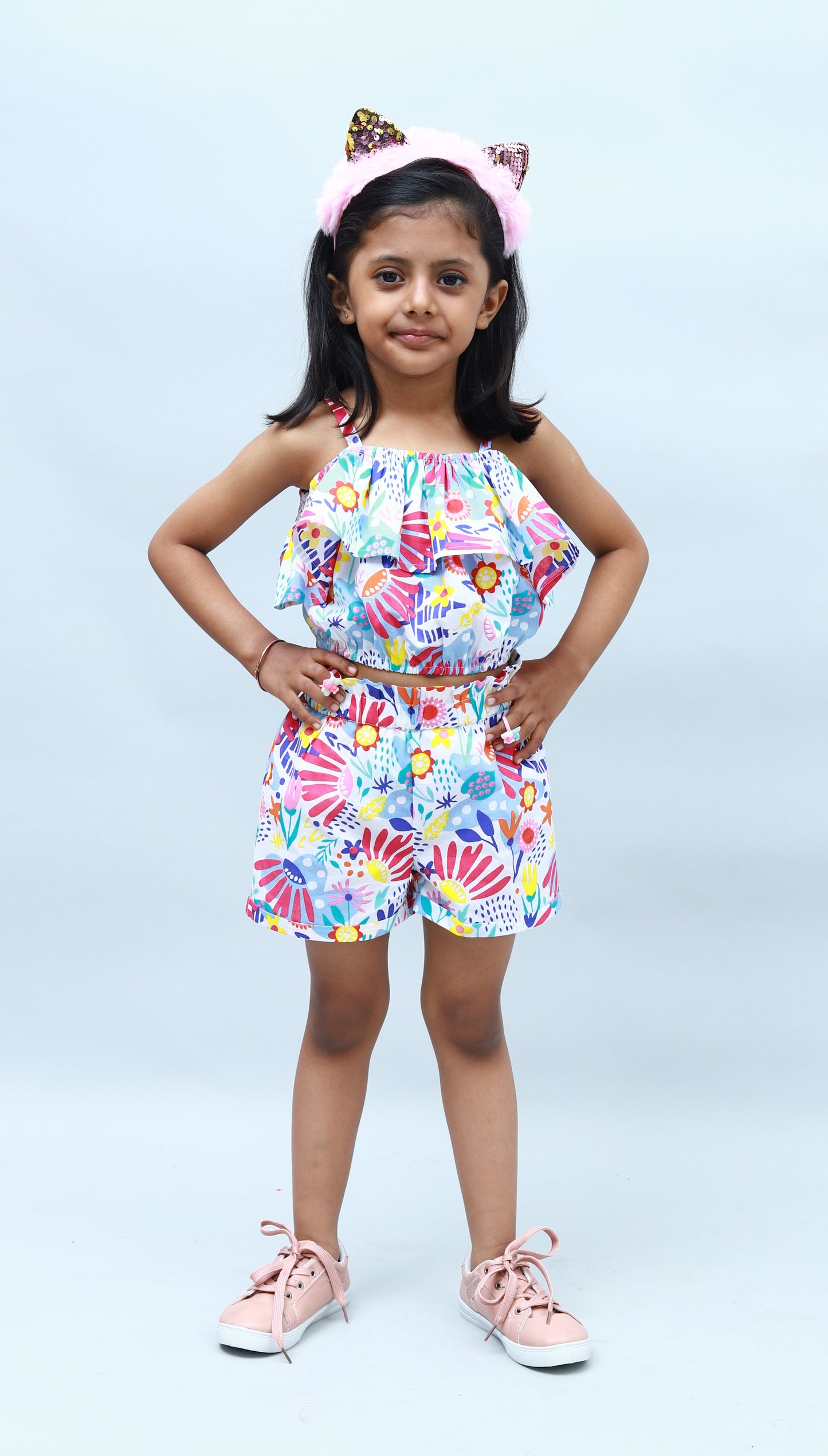 NUEVOSKIDDOS Pure Cotton Floral Printed Multi Color Top & Shorts Set for Kids