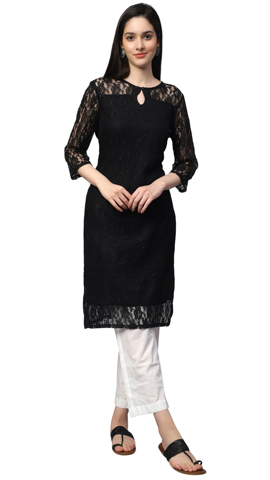 NUEVOSDAMAS Women Floral Lace Net Self Design Black Kurti