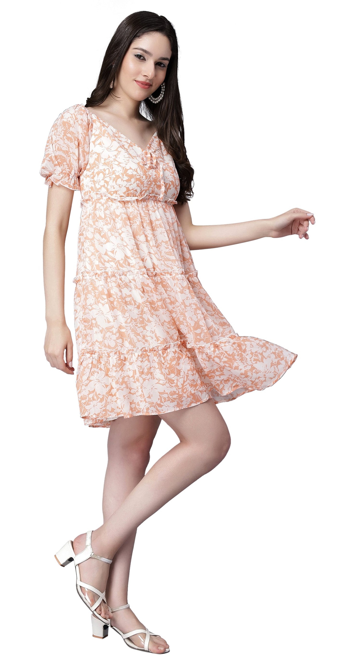 NUEVOSDAMAS Women Floral Printed Fit & FlareOrange Midi Dress