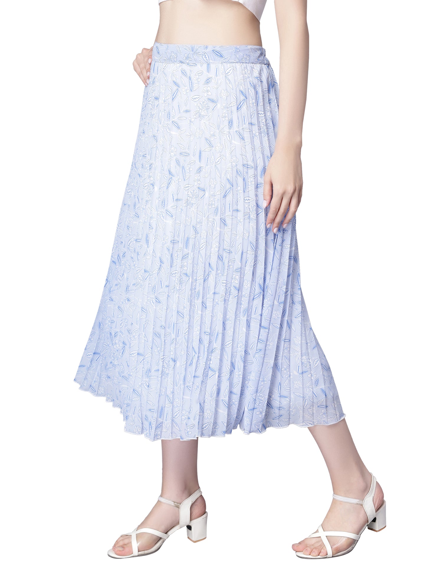 Women's Ditsy Floral Print High Waist Skirt Pleated A-line Long Skirt Beach Elasticated Sky Blue Midi Skirt