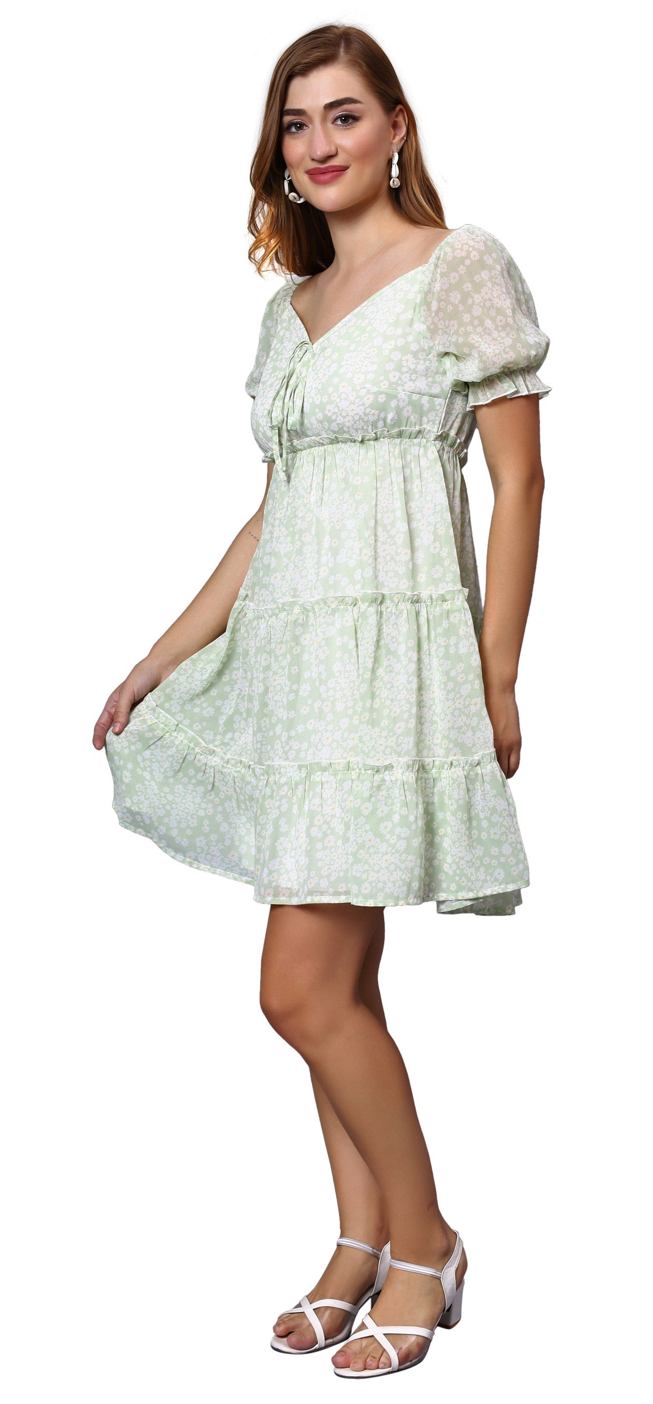 NUEVOSDAMAS Women Floral Printed Fit & Flare Mint Green Midi Dress