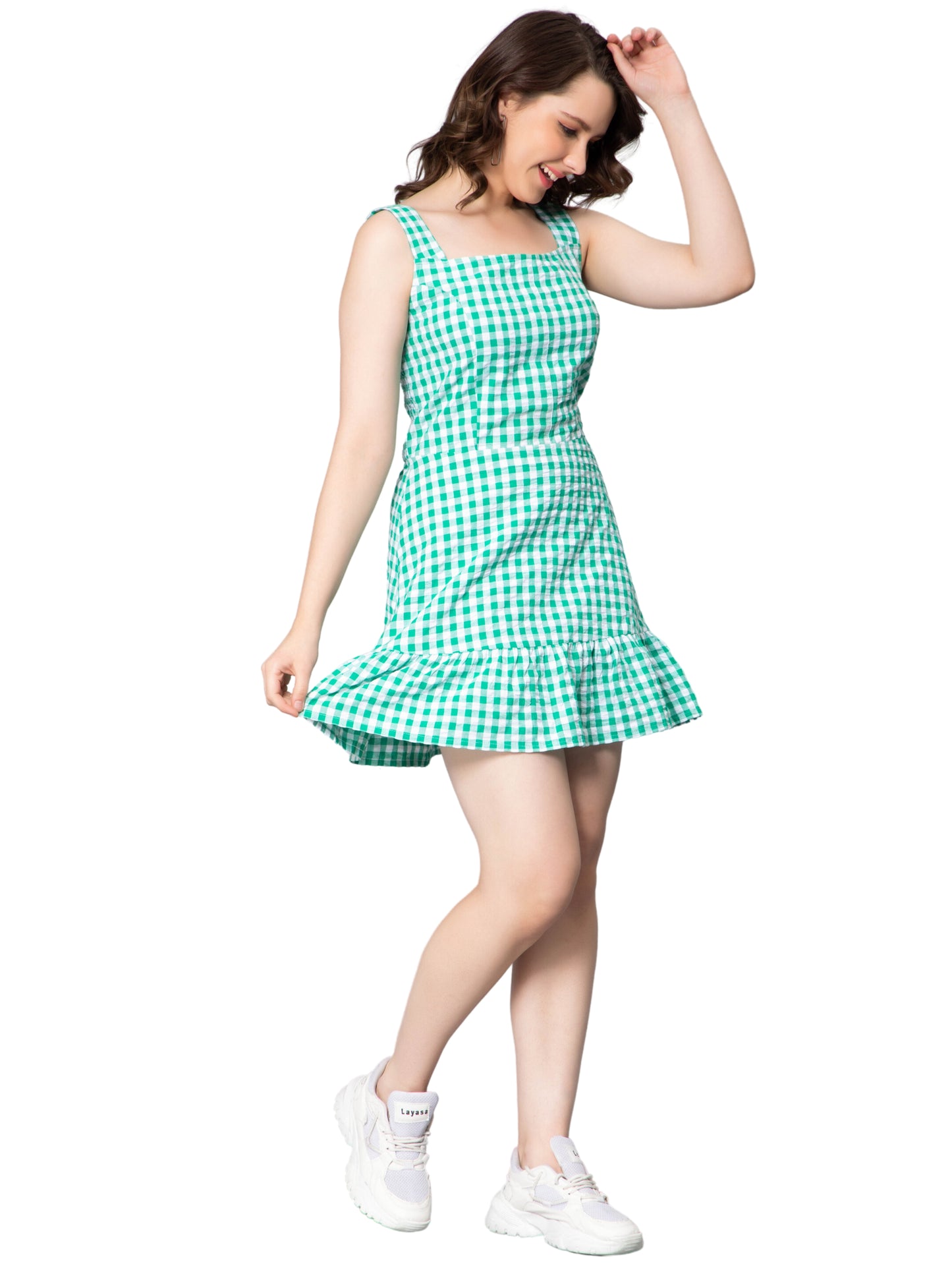 NUEVOSDAMAS Women Cotton Check Sleeveless Smocked Green Midi Dress