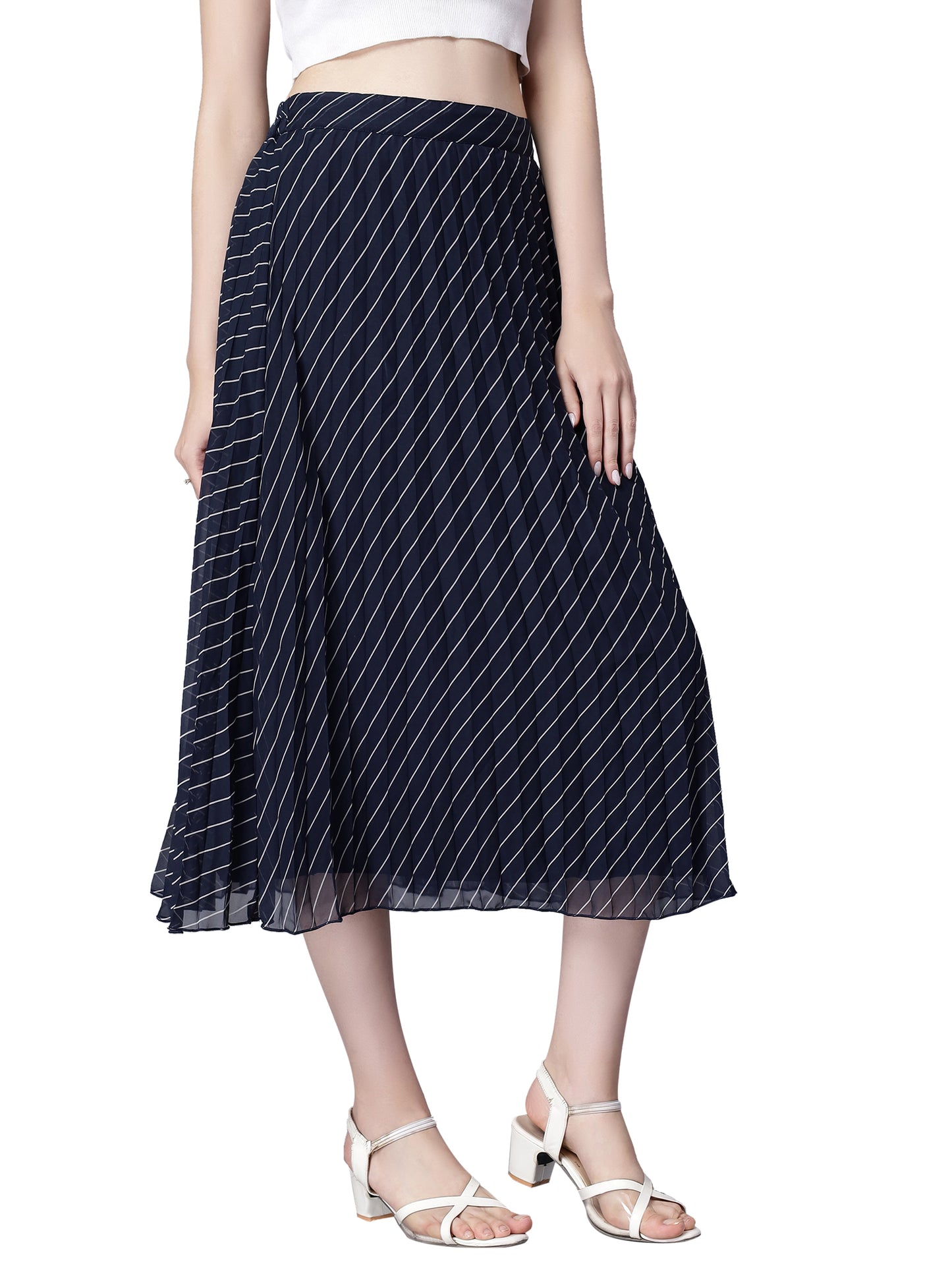 Women's Stripe Print High Waist Skirt Pleated A-line Long Skirt Beach Elasticated Navy Blue Midi Skirt