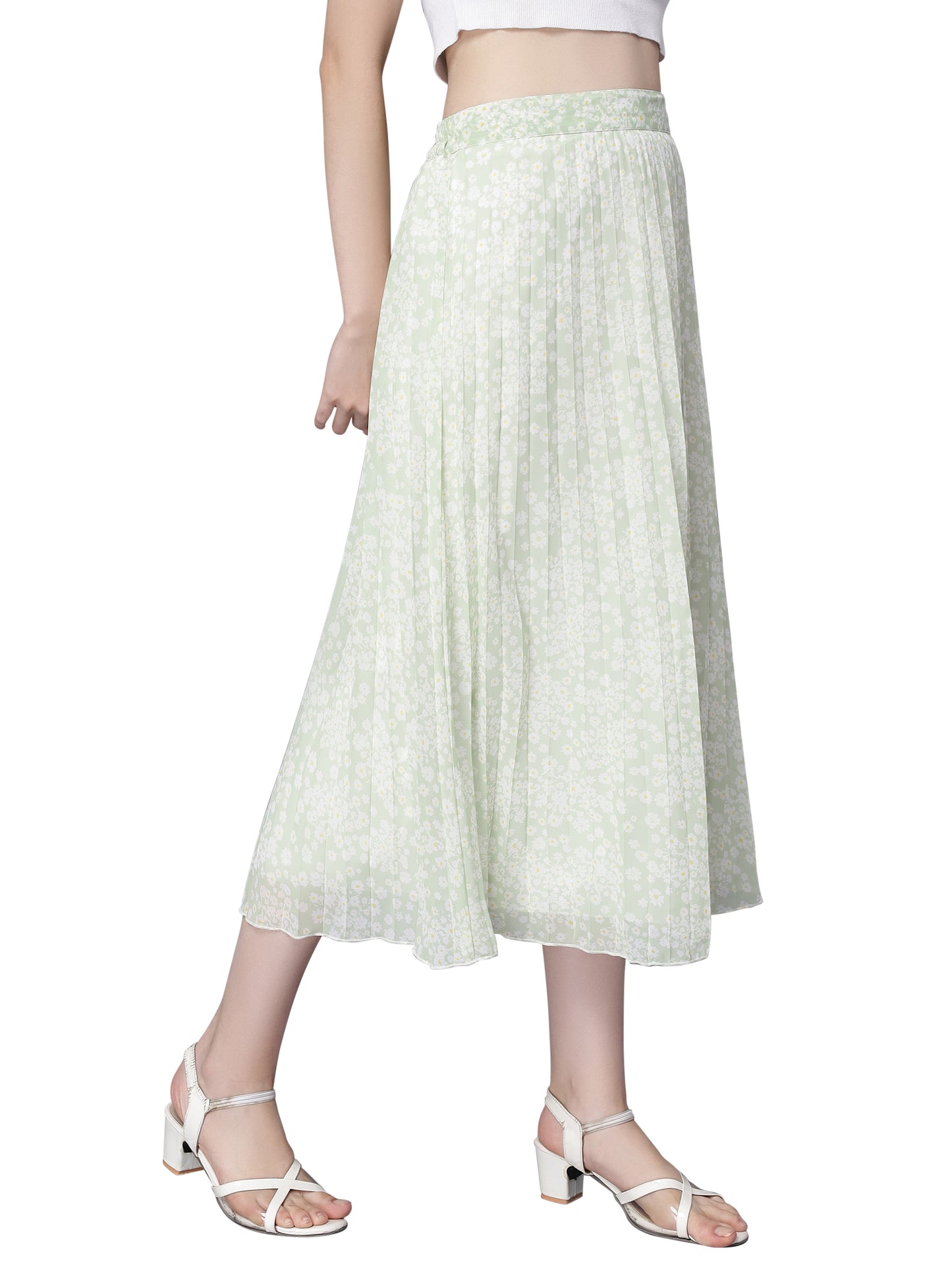Women's Ditsy Floral Print High Waist Skirt Pleated A-line Long Skirt Beach Elasticated Mint Green Midi Skirt