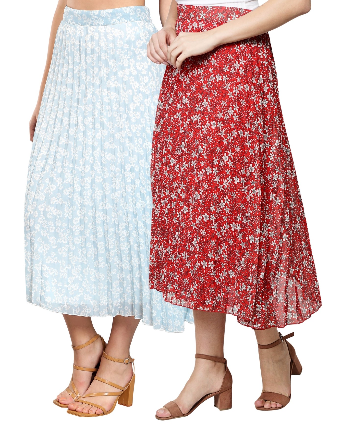 Women Georgette Floral Printed Skirts-Pack of Two-Red and Sky Blue