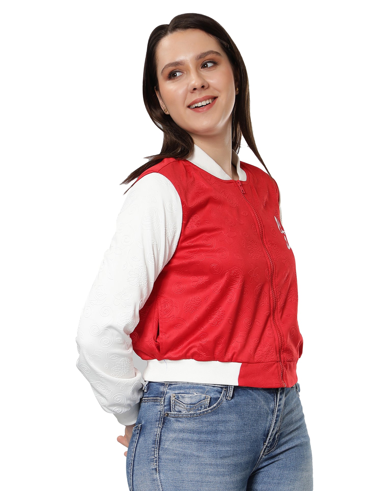 NUEVOSDAMAS Women Red Floral Embossed Printed Varsity Jacket