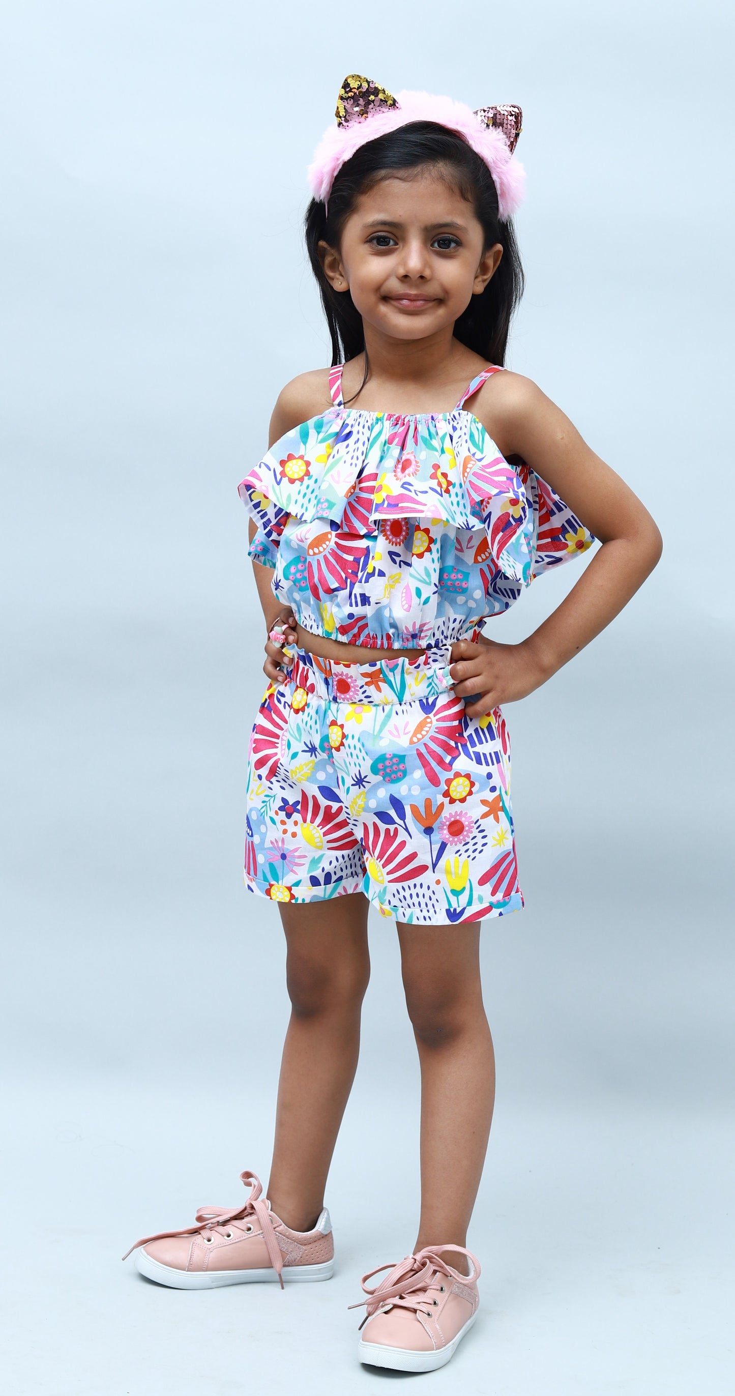 NUEVOSKIDDOS Pure Cotton Floral Printed Multi Color Top & Shorts Set for Kids