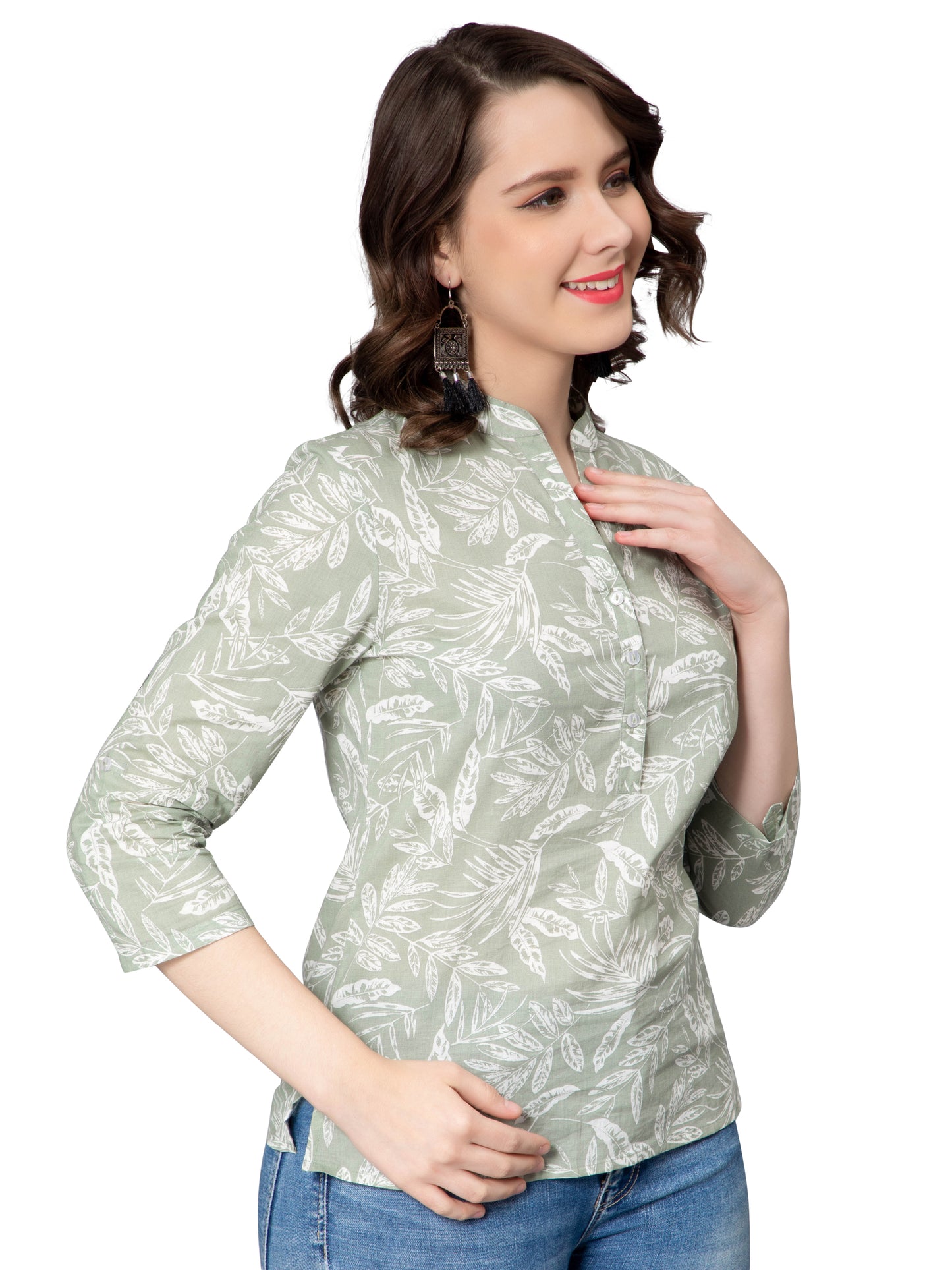 NUEVOSDAMAS Women Cotton Tropical Print Light Green Kurta Top