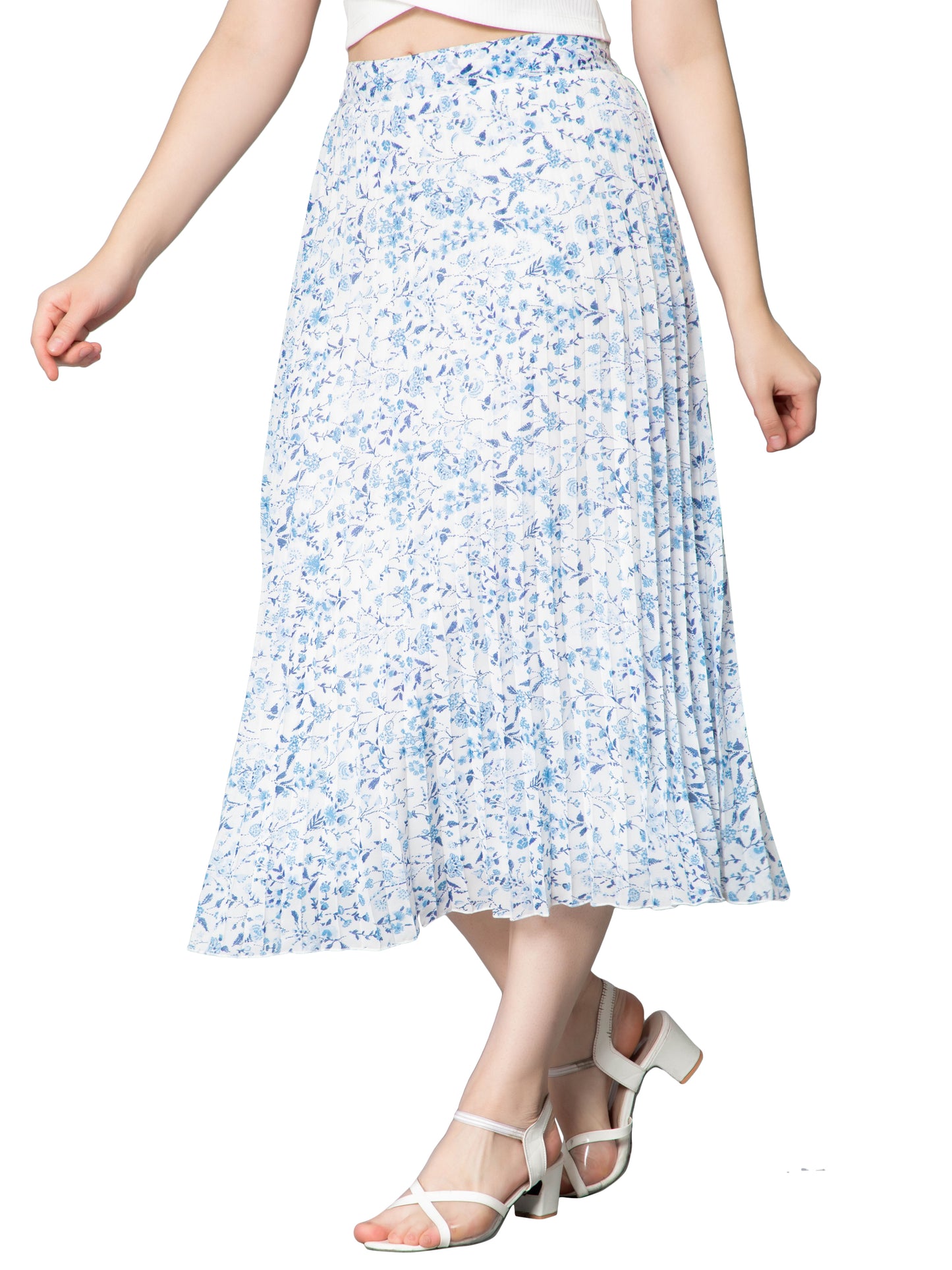 Women's Ditsy Floral Print High Waist Skirt Pleated A-line Long Skirt Beach Elasticated White/Blue Midi Skirt