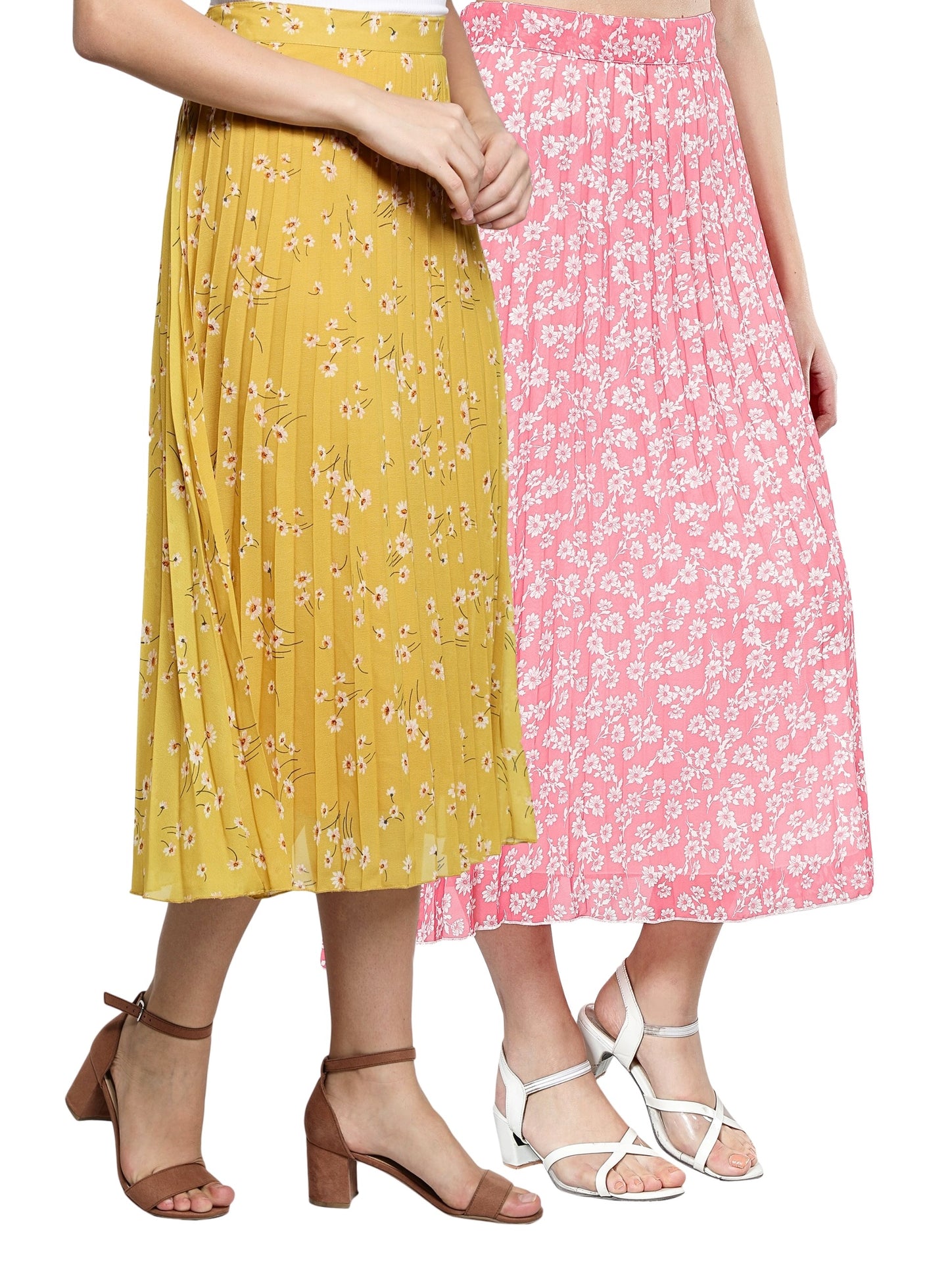 NUEVOSDAMAS Women Georgette Floral Printed Skirts-Pack of Two-Pink and Yellow