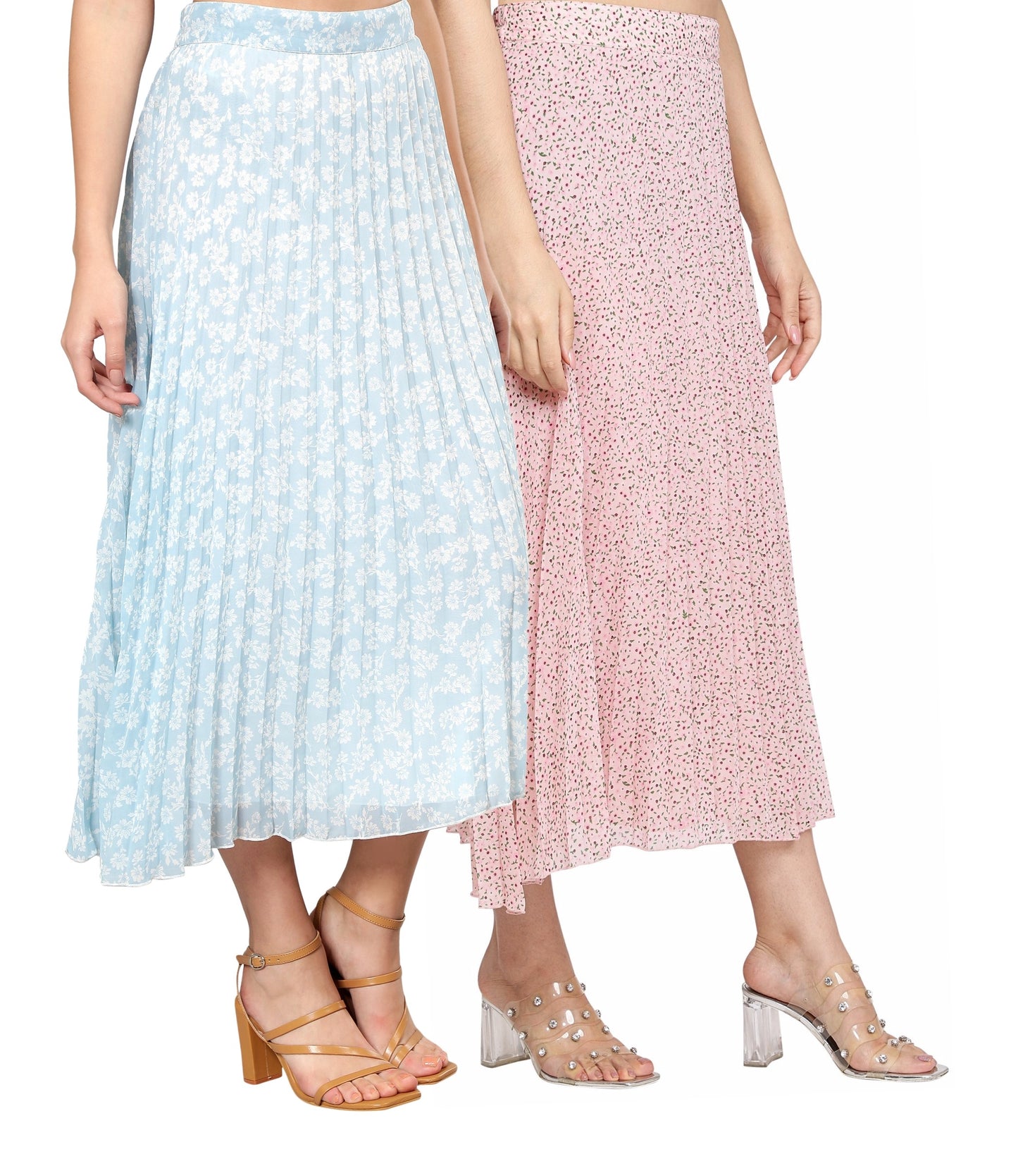 Women Georgette Floral Printed Skirts-Pack of Two-Pink and Sky Blue