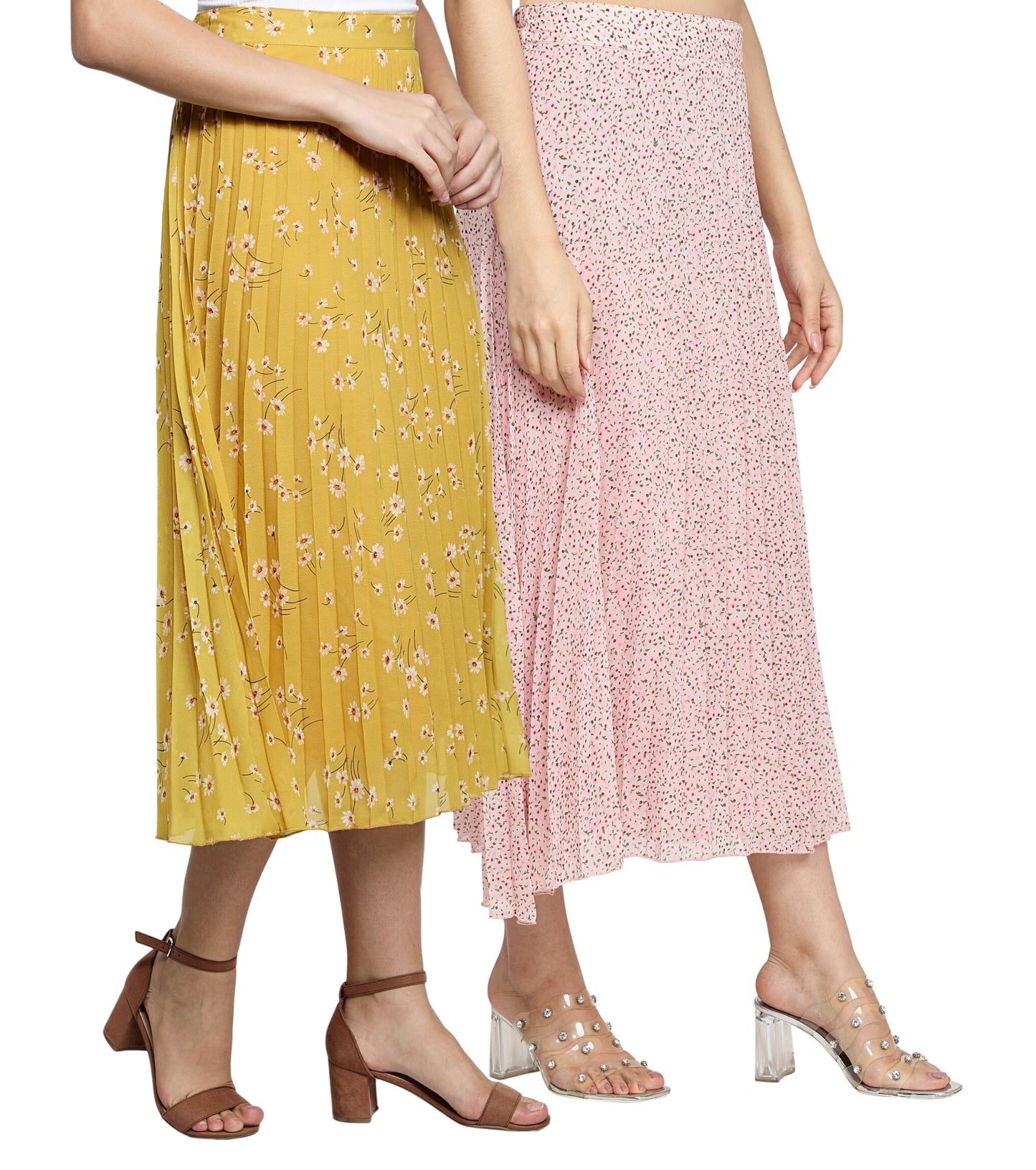 NUEVOSDAMAS Women Georgette Floral Printed Skirts-Pack of Two-Pink and Yellow