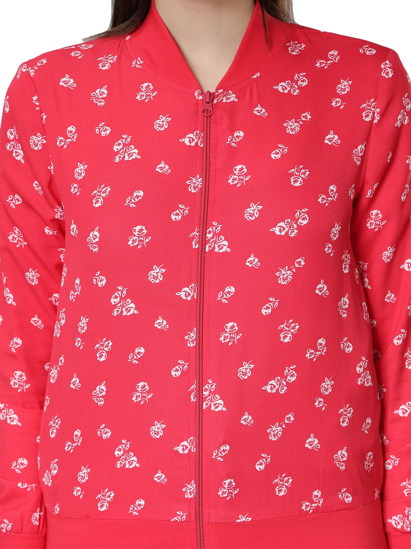 NUEVOSDAMAS Women Floral Printed Red Bomber Jacket