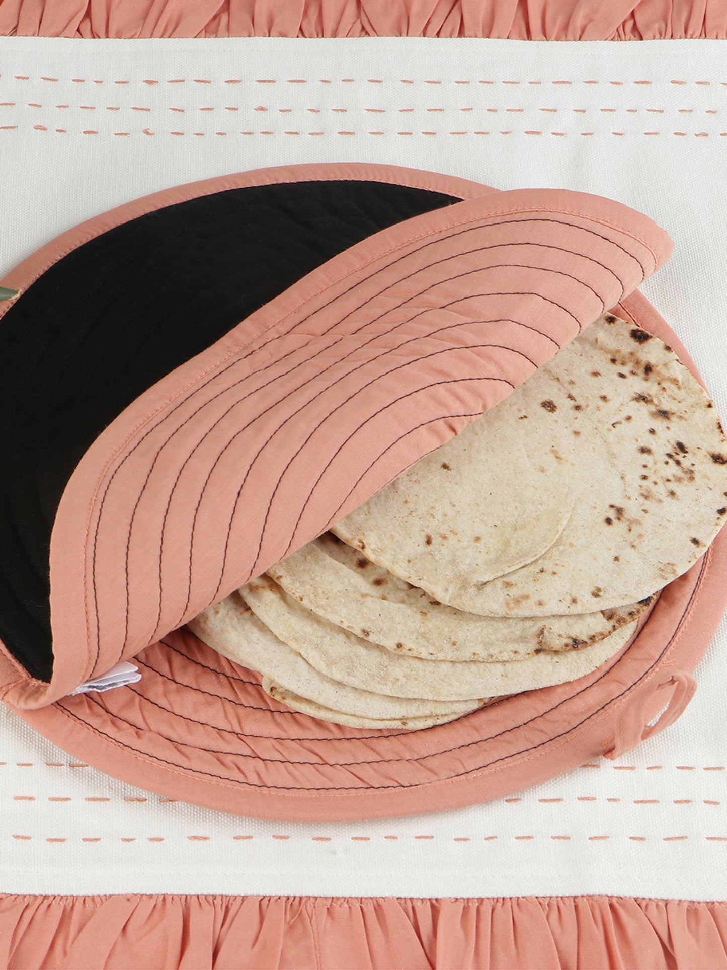 NUEVOSGHAR Pure Cotton Rectangle & Round Shape Roti/Chapati Cover Combo | Kitchen Roti Keeper. Set-Pack of 2 Roti Covers(Black/sand orange)