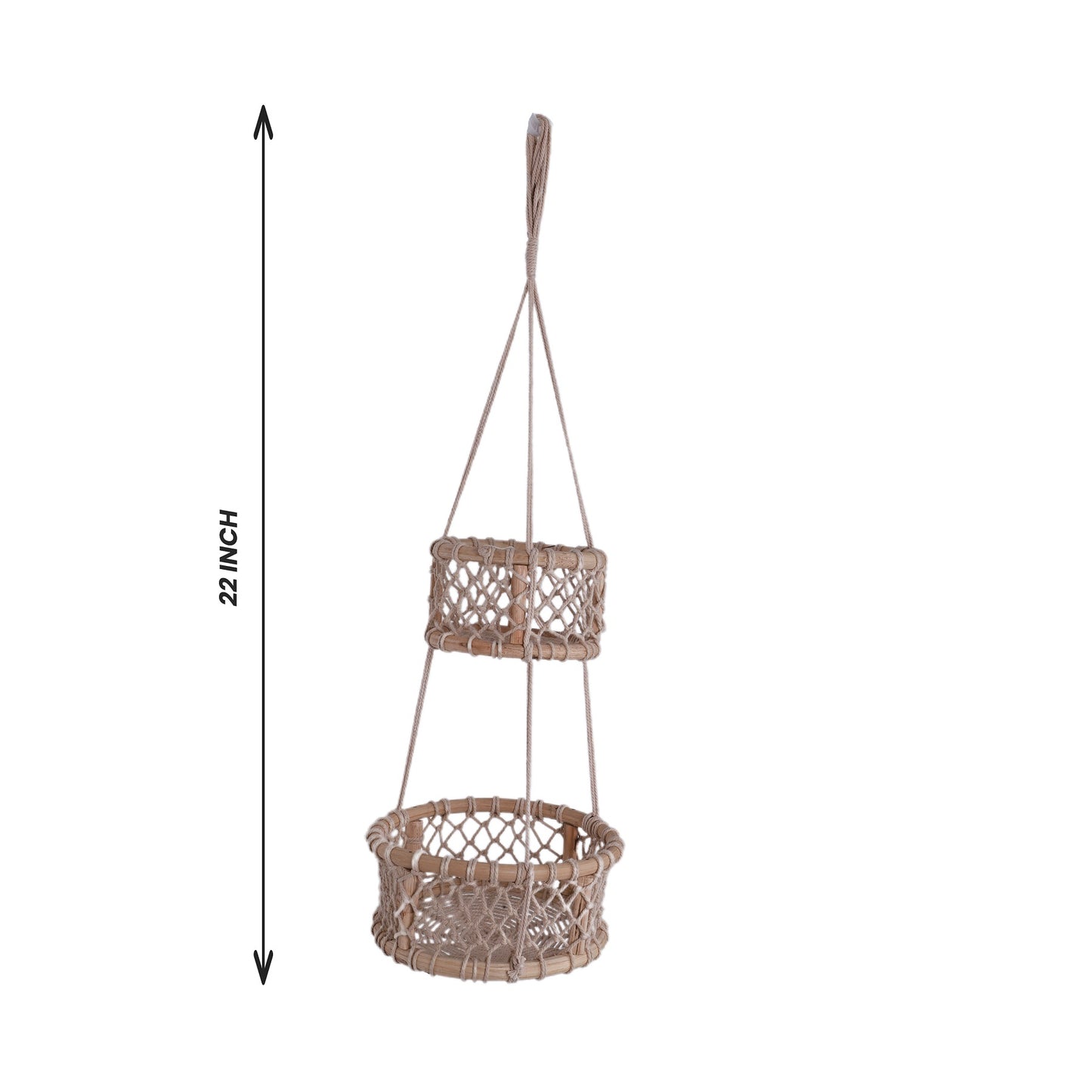 NUEVOSGHAR Macrame Wall Hanging Shelf Wood Floating | Handcrafted Macrame Hanging Boho Two Tier wooden Round Basket | Home Decorative Indoor Two Tier Basket |_ Ivory