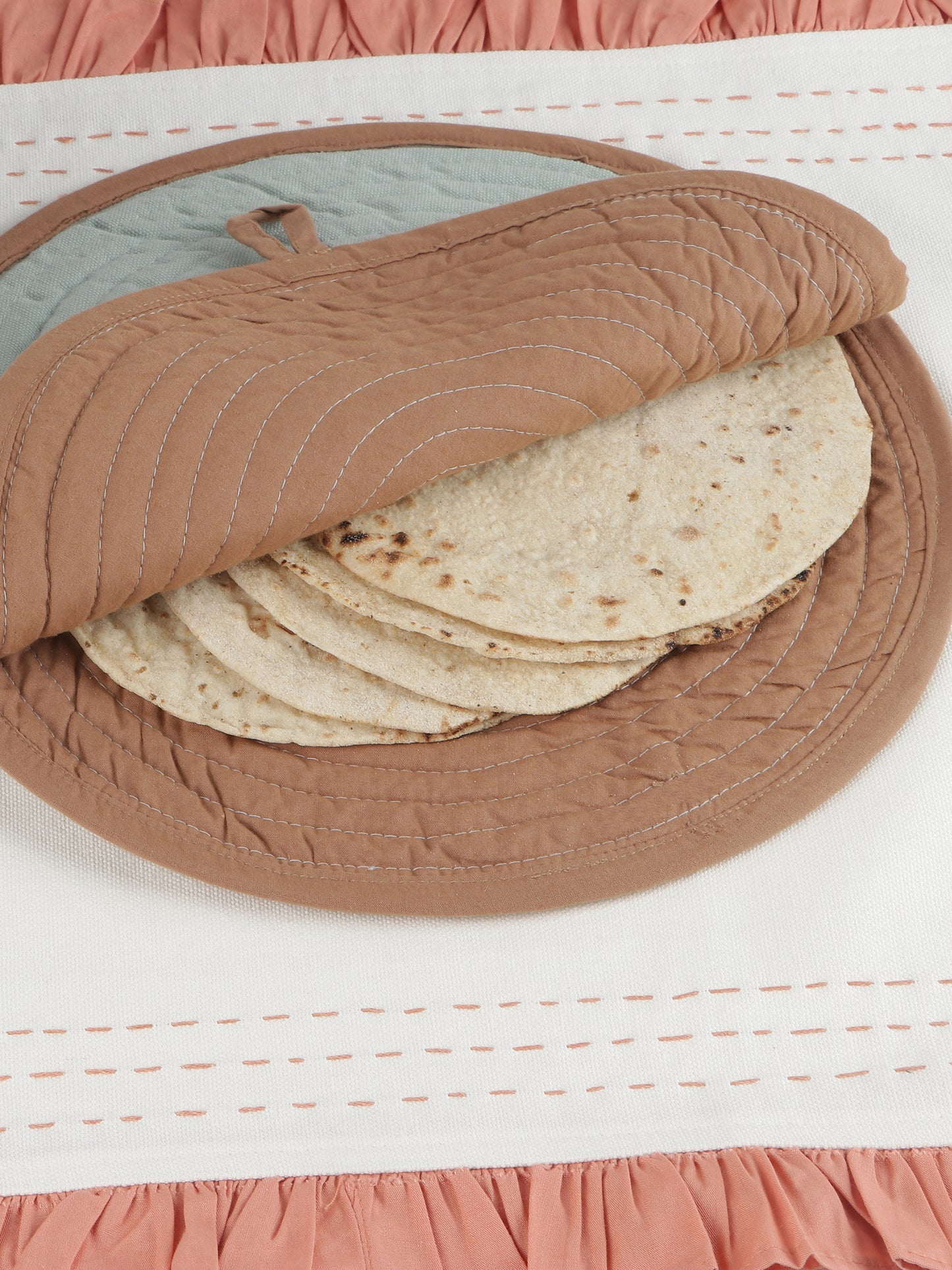 Pure Cotton Rectangle & Round Shape Roti/Chapati Cover Combo|Chapati Cloth Cover | Cotton Traditional Roti Warmer |Tortillas Cover| Kitchen Roti Keeper. Set-Pack of 2 Roti Covers(Sky Blue/Rust)