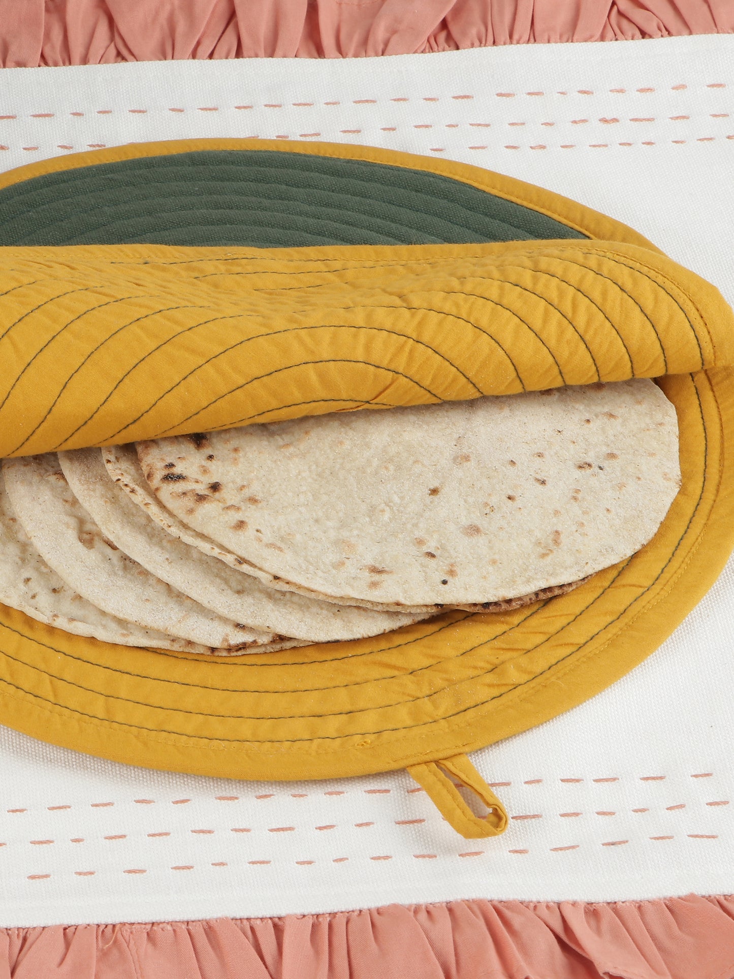 Pure Cotton Rectangle & Round Shape Roti/Chapati Cover Combo|Chapati Cloth Cover | Cotton Traditional Roti Warmer |Tortillas Cover| Kitchen Roti Keeper. Set-Pack of 2 Roti Covers(Green/mustard)